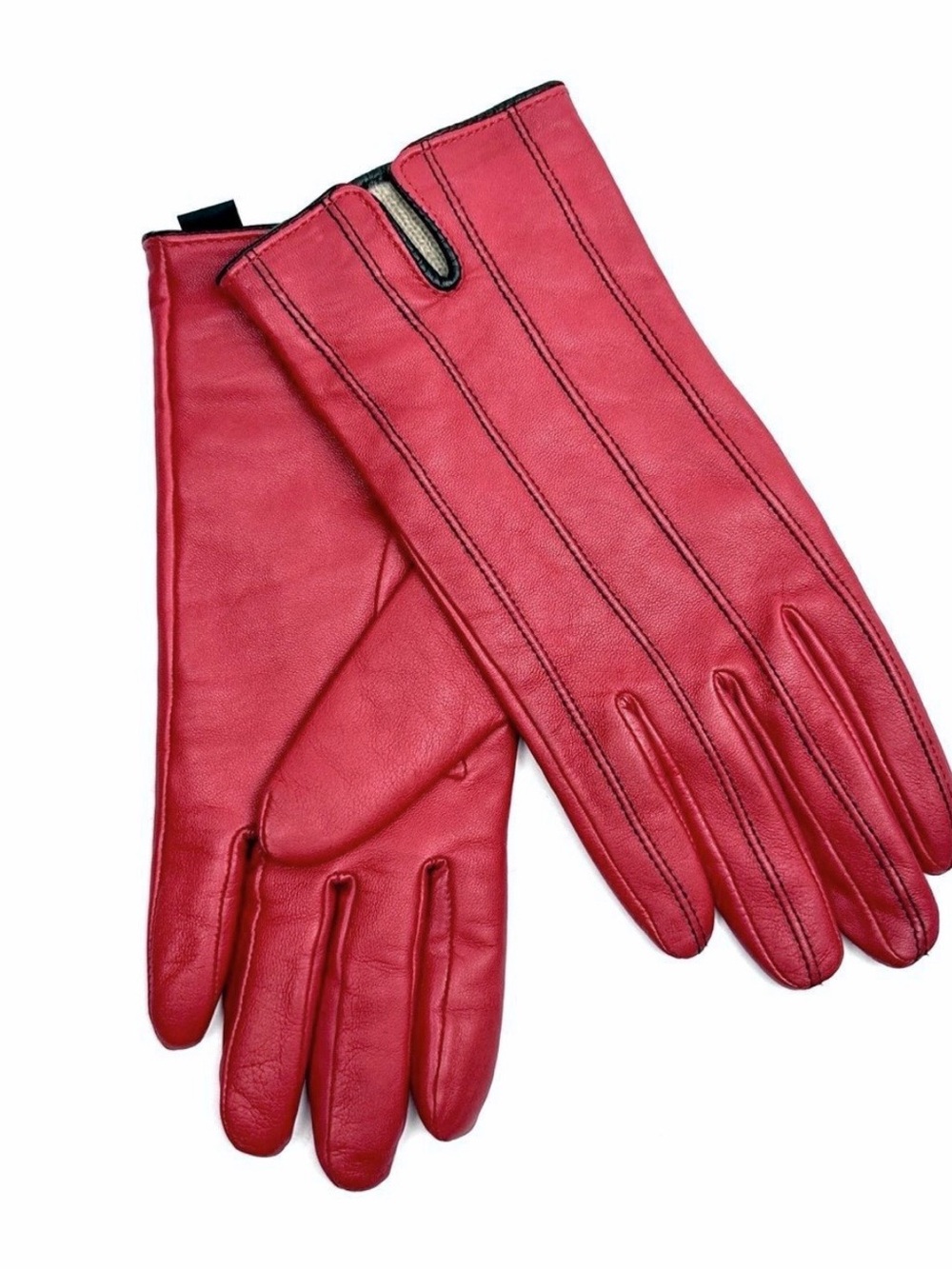 CAROLE LITTLE Red Leather Gloves Cashmere Lining Women's size 8